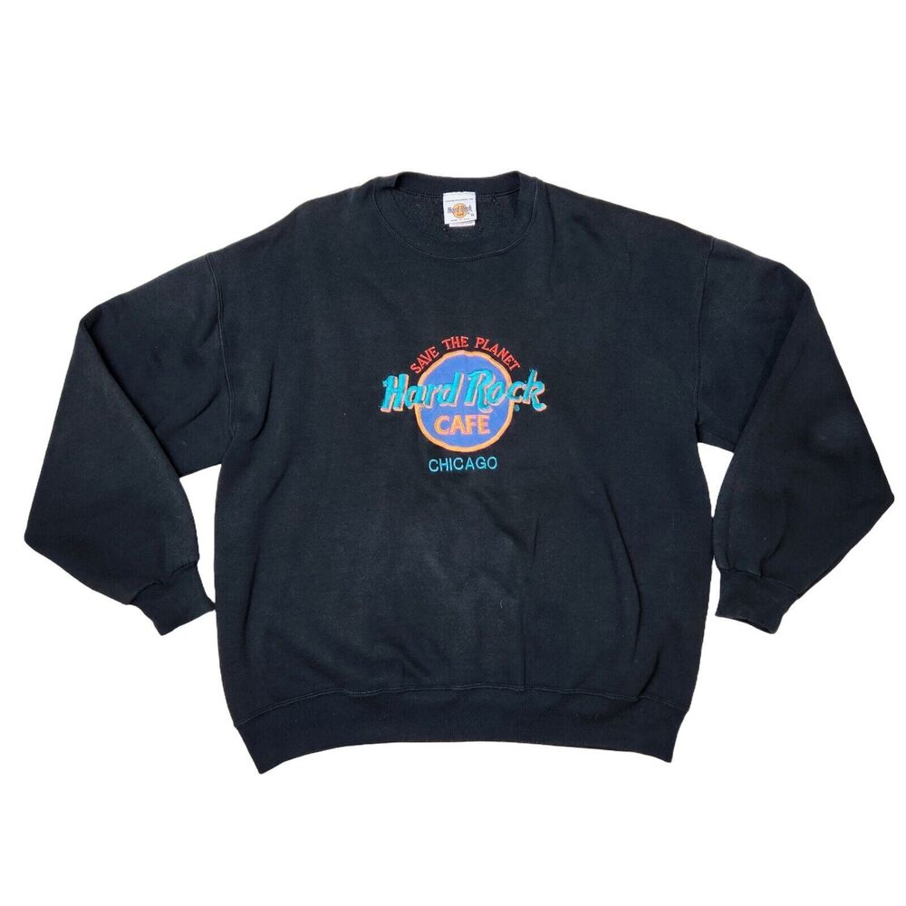 Vtg 90s Hard Rock Cafe Sweater XL Embroidered Chicago Made In USA Travel Retro‎